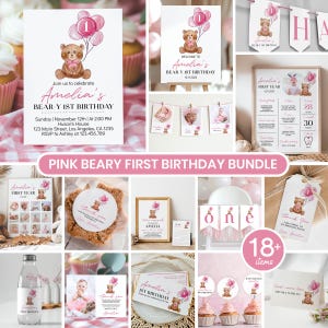 Roze eerste verjaardagsbundel Beary | Feestdecoratie teddybeer meisje | Afdrukbare kit 1e verjaardag | Verjaardagsversieringen voor babymeisjes afdrukbaar. T004