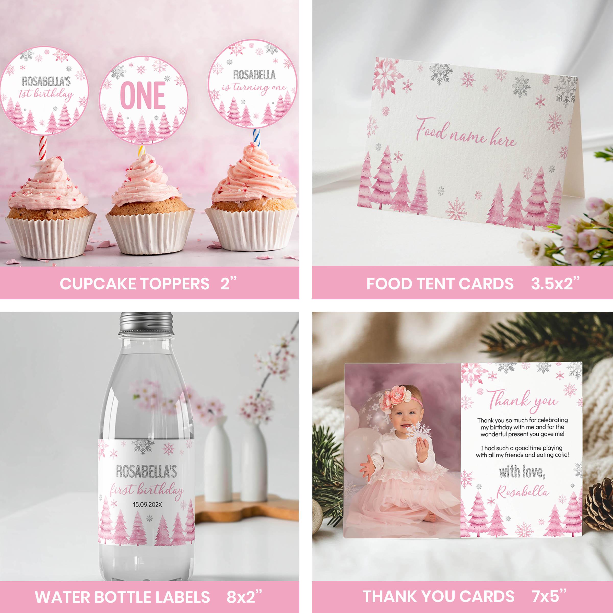 May include: A collection of birthday party supplies featuring pink pine trees and silver snowflakes. Includes 5.08cm cupcake toppers, 8.89x5.08cm food tent cards, 20.32x5.08cm water bottle labels, and 17.78x12.7cm thank you cards with custom text.