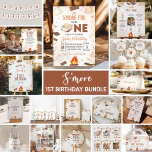 Op de afbeelding: Een printbare bundel met 1e verjaardagspartydecoraties met een marshmallow-thema. De bundel bevat een welkomstbord, een tijdcapsule, een bedankbord, een bord voor het eerste jaar, een aangepast bord, een fotocollage, een cupcaketopper, een cadeaubox, een waterfleslabel en een uitnodiging. De kleuren zijn bruin, wit en oranje.