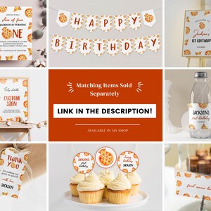 May include: A set of printable party decorations for a first birthday party with a pizza theme. The decorations include a banner, cupcake toppers, a welcome sign, a thank you tag, a water bottle label, and a custom sign. The decorations are all white with red, yellow, and brown accents. The text on the decorations includes "Happy Birthday", "Jackson's 1st Birthday", "Welcome to Jackson's 1st Birthday", "Thank You", "Jackson's First Birthday", and "Custom Sign".