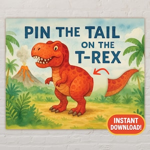 Pin the Tail on the T-Rex Printable Game | 16x20 Poster + Tails + Wild Cards | Dinosaur Birthday Party Activity | Instant Download Fun!