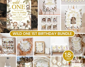 Editable Wild One Theme Birthday Party Package, Safari 1st Birthday Invitation Bundle, Wild One Birthday Invite Kit, Printable Set. A016