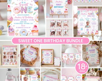 Editable Sweet One First Birthday Invitation Bundle, Donut Birthday Party Decor Kit, Girl Birthday Package Instant Download. S023
