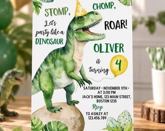 May include: A birthday invitation card featuring a green watercolor dinosaur wearing a yellow party hat, standing on a rock. Text reads: STOMP, CHOMP, ROAR! Let's party like a DINOSAUR. OLIVER is turning 4. Includes event details and RSVP information.