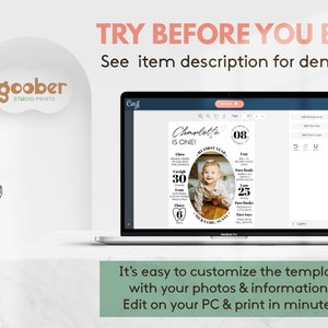 May include: A laptop screen displays a customizable digital birthday milestone template featuring a central oval photo of a child, surrounded by text fields for name, age, weight, height, teeth count, and favorite items, with the text TRY BEFORE YOU BUY.