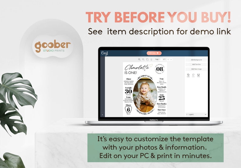 May include: A laptop screen displays a customizable digital birthday milestone template featuring a central oval photo of a child, surrounded by text fields for name, age, weight, height, teeth count, and favorite items, with the text TRY BEFORE YOU BUY.