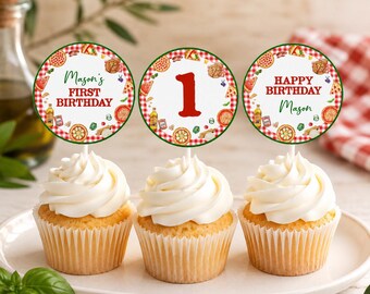 Adorno editable para cupcakes de fiesta de pizza, adorno para cupcakes de cumpleaños con temática de pizza, decoración de cumpleaños para fiesta de pizza, plantilla imprimible. P016