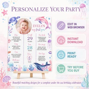 May include: A personalized first birthday milestone sign featuring a photo of a baby, watercolor sea creatures including a dolphin, whale, and turtle, and text detailing personal facts like weight of 29 pounds and height of 28 inches.