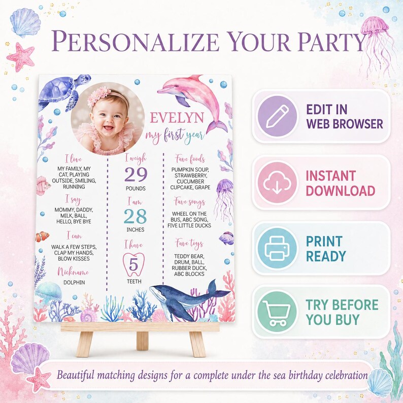 May include: A personalized first birthday milestone sign featuring a photo of a baby, watercolor sea creatures including a dolphin, whale, and turtle, and text detailing personal facts like weight of 29 pounds and height of 28 inches.