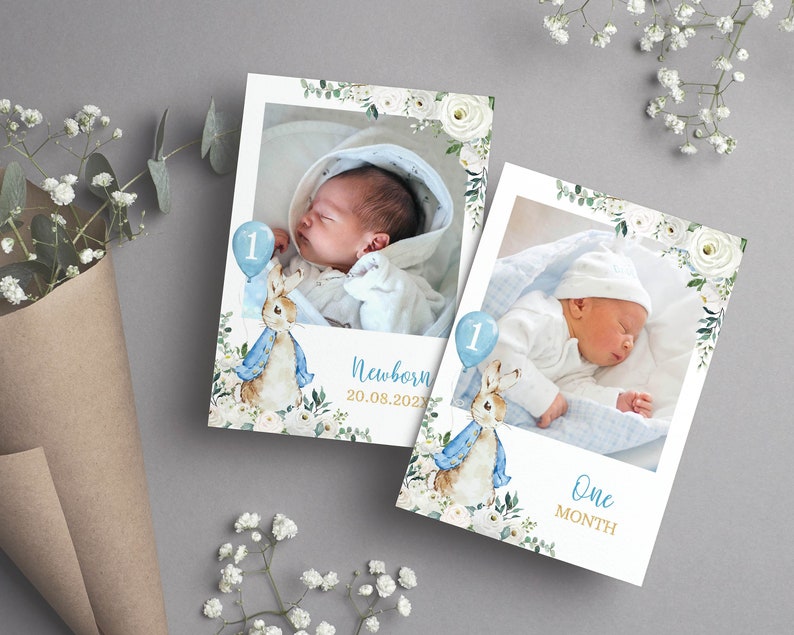 Vintage Bunny First Year Photo Banner, 12 Months Photo Banner, Classic Rabbit Birthday Decor, Boy 1st Birthday Photo Banner, Printable. P007 image 4
