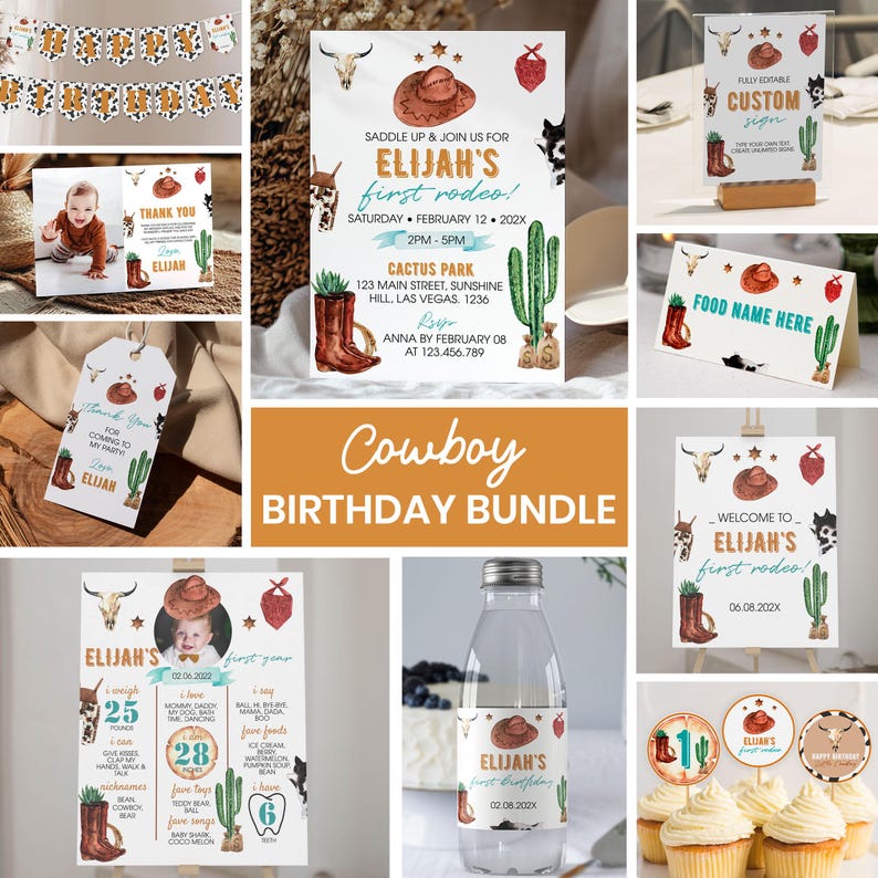 Editable Cowboy 1st Birthday Invitation Bundle, My First Rodeo Birthday Party Kit, Wild West Birthday Party Package, Printable Template R007 image 1