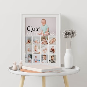 Pu&ograve; includere: Una cornice bianca contenente un collage intitolato Oliver My First Year, con una grande foto di un bambino in alto e dodici foto pi&ugrave; piccole numerate che mostrano le tappe mensili in una griglia. Il nome Oliver &egrave; scritto in nero.