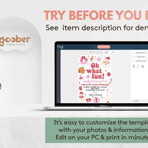 May include: A laptop screen displaying a customisable digital Christmas party invitation template with red and pink holiday graphics, including a Santa face, gingerbread man, and ornaments, featuring the text Oh what fun! Emily is turning One.