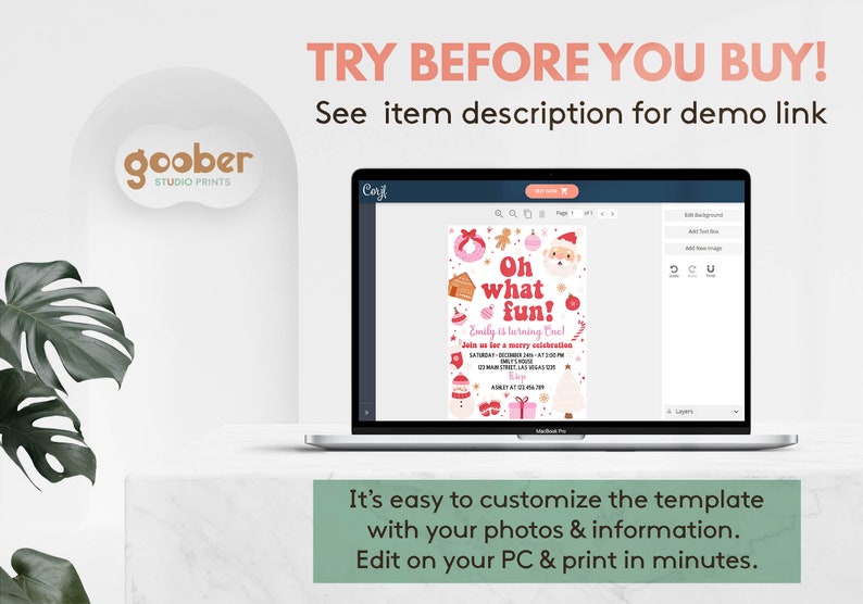 May include: A laptop screen displaying a customisable digital Christmas party invitation template with red and pink holiday graphics, including a Santa face, gingerbread man, and ornaments, featuring the text Oh what fun! Emily is turning One.