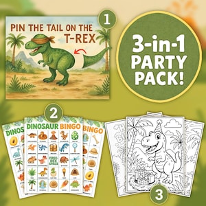 Printable Dinosaur Birthday Party Pack – Pin the Tail on the T-Rex Game, Dinosaur Bingo, Dinosaur Party Coloring Pages – Instant Download