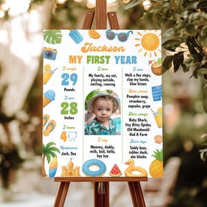 Póster con foto de hito &quot;Uno al sol&quot;, letrero editable con estadísticas para el primer cumpleaños, tablero de hitos de verano para bebés, decoración imprimible para fiestas de sol. S024