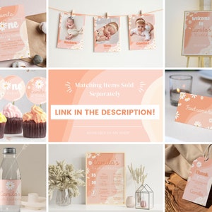 May include: A collection of birthday party stationery featuring a peach and white wavy background with daisy flower accents. Items include an invitation, photo cards, a welcome sign, cupcake toppers, food labels, water bottle labels, and tags.
