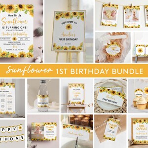 Editable Sunflower 1st Birthday Invitation Bundle, Boho Sunflower Party Decor Kit, Retro Floral Girl Birthday Package, Instant Download S014