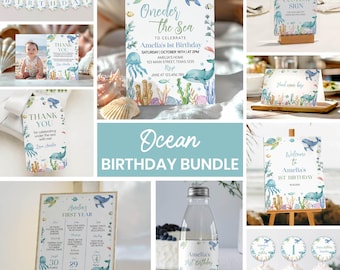 Paquete de invitaciones de cumpleaños editables con temática submarina, kit de primer cumpleaños con temática oceánica, paquete para fiesta de cumpleaños "Bajo el mar", descarga instantánea. O009