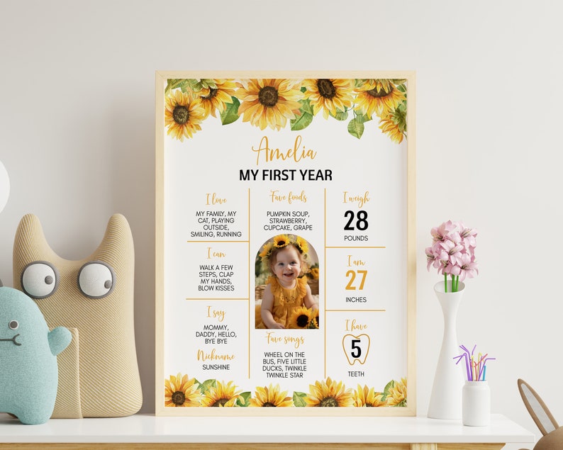 May include: A yellow and green first birthday milestone poster with a sunflower theme. The poster features a photo of a baby girl, along with details about her first year, including her weight, height, favorite foods, and songs. The text on the poster reads "Amelia My First Year".
