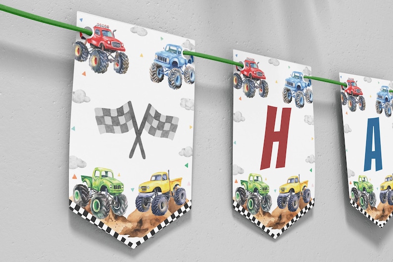 Editable Monster Truck Birthday Banner, Monster Trucks Birthday Party Banner, Boy Birthday Decoration, Editable Template, Printable