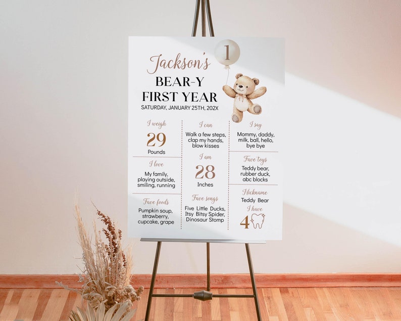 Beary First Birthday Milestone Poster, Teddy Bear Birthday Milestone Sign, Boho Brown Bear Party Stats Board, Printable Template. B022