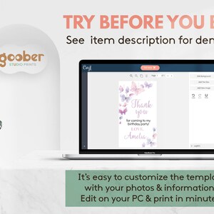 May include: A laptop screen displaying a digital invitation template with watercolor butterflies and the text Thank you for coming to my birthday party LOVE Amelia. The screen shows editing tools and the text TRY BEFORE YOU BUY.