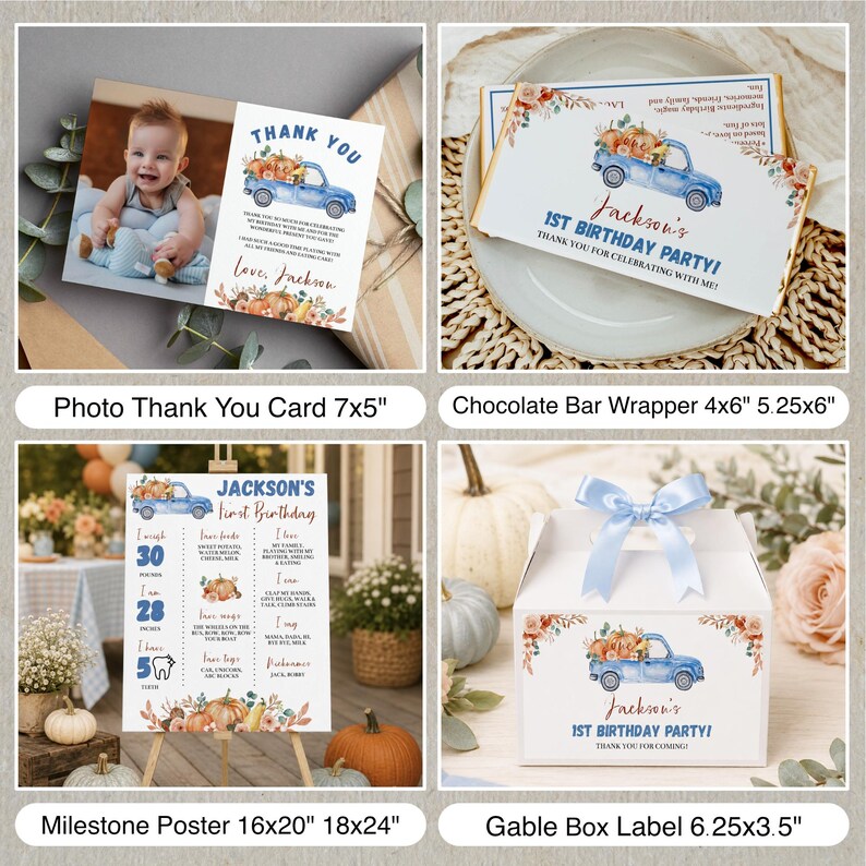 May include: A collection of birthday party stationery featuring a blue truck and pumpkin theme. Includes a 7x5 inch photo thank you card, a 4x6 inch chocolate bar wrapper, a 16x20 inch milestone poster, and a 6.25x3.5 inch gable box label.