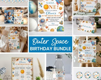 Editable Outer Space Birthday Party Set, First Trip Around the Sun Birthday Invitation Bundle, 1st Birthday Boy Decor, Instant Download O016