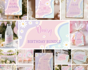Daisy Second Birthday Party Bundle | Pastel Flower 2nd Birthday Decor | Editable Printable Party Templates | Instant Download