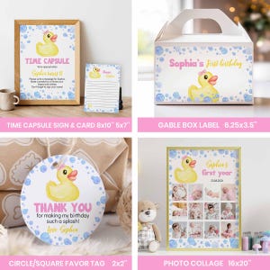 May include: A collection of birthday party stationery featuring a yellow rubber duck with a pink bow, blue bubbles, and pink text. Includes an 8x10 inch time capsule sign, a 5x7 inch card, a 6.25x3.5 inch gable box label, a 2x2 inch favor tag, and a 16x20 inch photo collage.