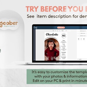 K&ouml;nnte beinhalten: Ein Laptop-Bildschirm zeigt eine anpassbare Geburtstagsvorlage mit einem Foto eines Kindes, dem Namen Charlotte und Textdetails. Der Bildschirm zeigt Bearbeitungswerkzeuge und den Text TRY BEFORE YOU BUY! See item description for demo link.