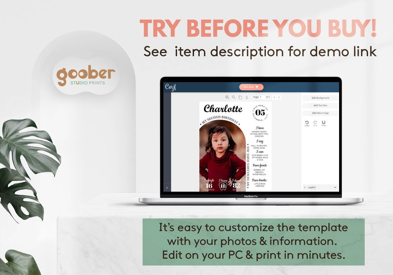 K&ouml;nnte beinhalten: Ein Laptop-Bildschirm zeigt eine anpassbare Geburtstagsvorlage mit einem Foto eines Kindes, dem Namen Charlotte und Textdetails. Der Bildschirm zeigt Bearbeitungswerkzeuge und den Text TRY BEFORE YOU BUY! See item description for demo link.