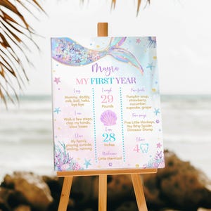 May include: A pastel blue and pink first birthday milestone poster with a mermaid tail design. The poster features the name "Mayra" and details about her first year, including her weight, height, favorite foods, and songs.