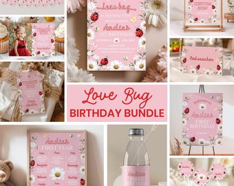 Love Bug 1st Birthday Invitation Bundle, Lady Bug Birthday Party Decor, Bumble Bee Butterfly Girl 1st Birthday Set, Printable Template. L009