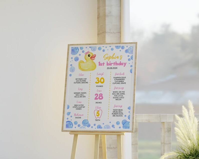 May include: A rectangular birthday milestone sign featuring a yellow rubber duck with a pink bow, blue bubbles, and text including Sophia's 1st birthday, 20.08.202X, 30 pounds, 28 inches, and 5 teeth, displayed on a wooden easel stand.
