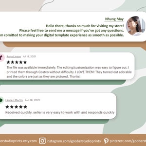 May include: A screenshot of a website with customer reviews for digital templates. The reviews are positive and highlight the ease of use and quality of the templates. The website address is gooberstudioprints.etsy.com.