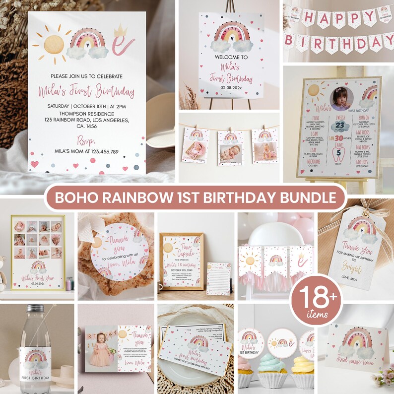 May include: A selection of party decorations with a boho rainbow theme, including invitations, banners, and cupcake toppers. The designs feature rainbows, suns, and the text "Mila's First Birthday". The bundle includes 18+ items.