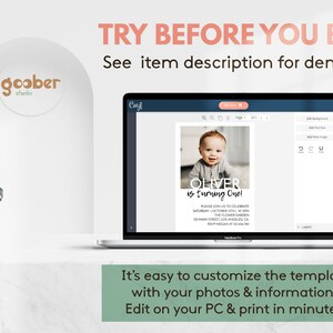 Op de afbeelding: Een laptop met een digitale uitnodigingssjabloon-editor met een foto van een baby en de tekst OLIVER is turning One! Het scherm toont bewerkingstools en evenementdetails. De tekst erboven luidt TRY BEFORE YOU BUY! Zie objectbeschrijving voor demo.