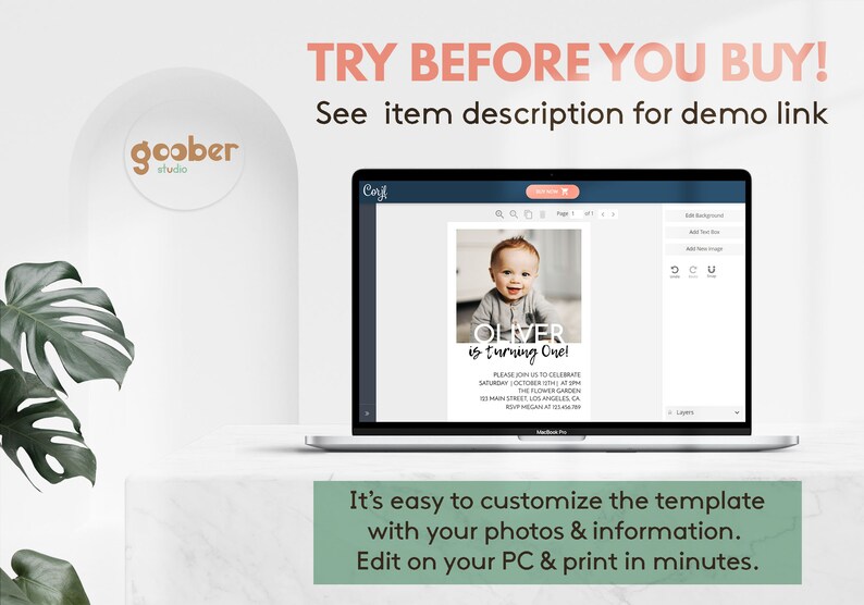 Op de afbeelding: Een laptop met een digitale uitnodigingssjabloon-editor met een foto van een baby en de tekst OLIVER is turning One! Het scherm toont bewerkingstools en evenementdetails. De tekst erboven luidt TRY BEFORE YOU BUY! Zie objectbeschrijving voor demo.