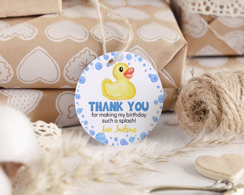 EDITABLE Rubber Duck Birthday Thank You Tag, Yellow Duck Birthday Favor ...