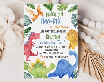 Dinosaur 2nd Birthday Invitation, Two Rex Invitation, Dinosaur Birthday Invitation, Two Rex Birthday Invite, Instant Download. D006