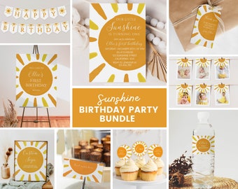 Editable Sunshine 1st Birthday Invitation Bundle, Boho Sun 1st Birthday Set, Our Little Sunshine Is One Package, Instant Download. S016