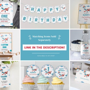 May include: A collection of birthday party stationery featuring a red airplane, blue clouds, and red and blue bunting. Items include an invitation, a Happy Birthday banner, welcome signs, water bottle labels, favor tags, cupcake toppers, and food cards.