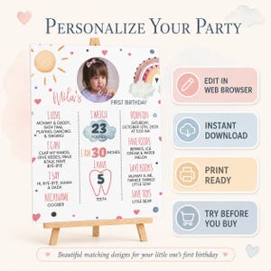Boho Rainbow 1st Birthday Bundle | Sunshine Girl First Birthday Decor | Editable Party Kit | Pink Pastel Birthday Printable Set. R003 image 2