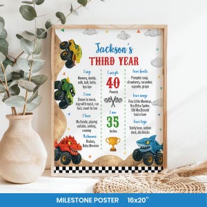 May include: A milestone poster titled Jackson's Third Year featuring monster truck illustrations in yellow, green, red, and blue. The poster includes text details about weight in pounds and height in inches, alongside a checkered border at the bottom.