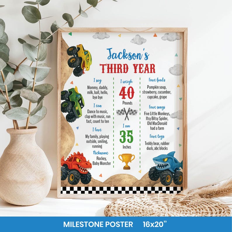 May include: A milestone poster titled Jackson's Third Year featuring monster truck illustrations in yellow, green, red, and blue. The poster includes text details about weight in pounds and height in inches, alongside a checkered border at the bottom.