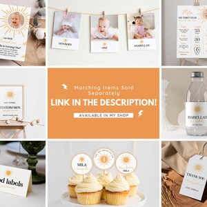 Puede incluir: Una colecci&oacute;n de papeler&iacute;a para fiestas de cumplea&ntilde;os con un motivo de sol, que incluye una invitaci&oacute;n con foto, un tablero de hitos, una etiqueta para botella de agua, etiquetas de comida, adornos para cupcakes y una etiqueta de agradecimiento.