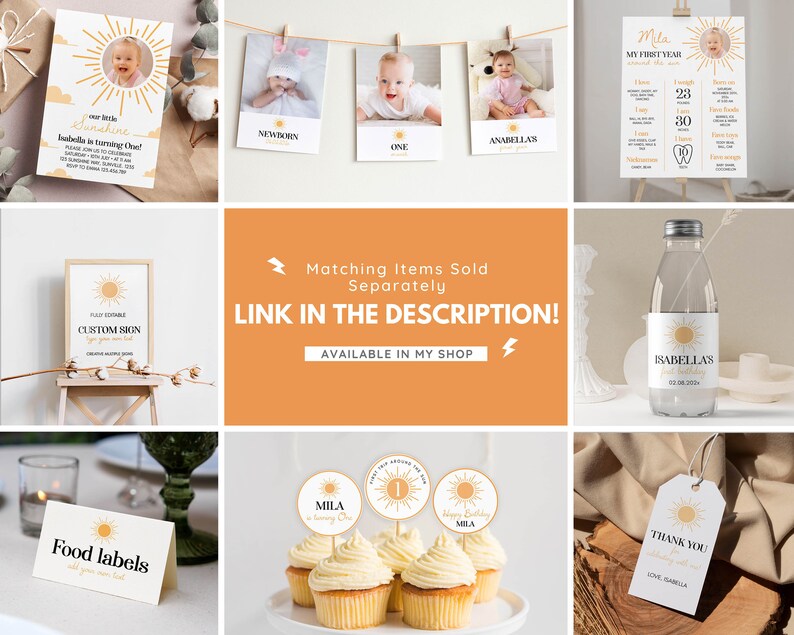 Puede incluir: Una colecci&oacute;n de papeler&iacute;a para fiestas de cumplea&ntilde;os con un motivo de sol, que incluye una invitaci&oacute;n con foto, un tablero de hitos, una etiqueta para botella de agua, etiquetas de comida, adornos para cupcakes y una etiqueta de agradecimiento.