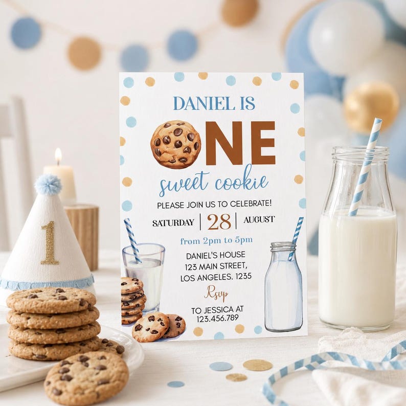 May include: A birthday party invitation with the text "Daniel is One Sweet Cookie." The invitation features a chocolate chip cookie graphic. A stack of cookies, a party hat, and milk with a straw are also visible.